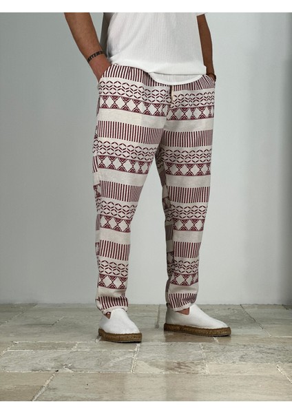 Etnik Desenli Bordo Keten Pantolon fırsatları