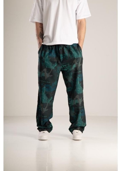 Karma Desenli Yeşil Baggy Pantolon