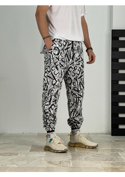 Erkek Beyaz-Siyah Renkli Grafiti Jogger