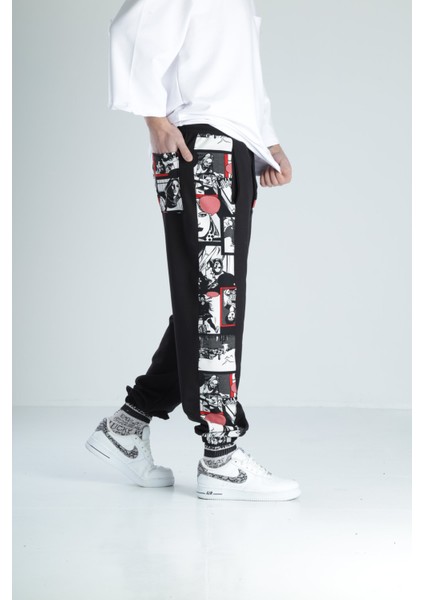 Çizgi Roman Detaylı Siyah Jogger Pantolon