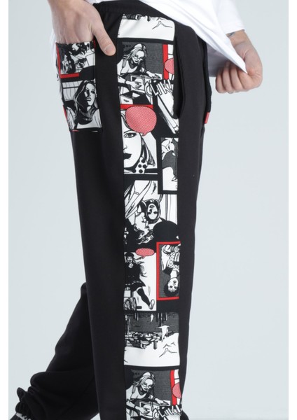 Çizgi Roman Detaylı Siyah Jogger Pantolon