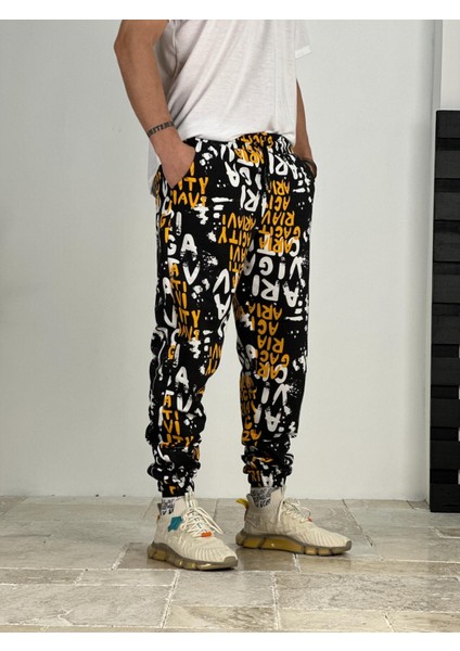 Erkek Grafiti Desenli Siyah Jogger