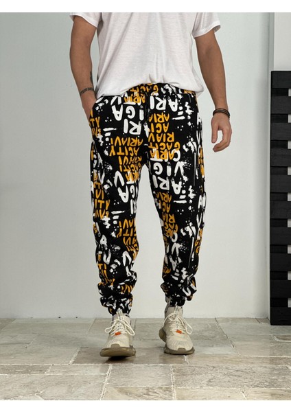 Erkek Grafiti Desenli Siyah Jogger
