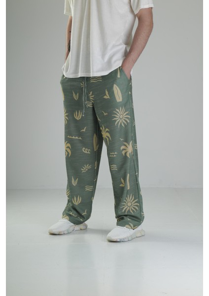 Ağaç Desenli Yeşil Baggy Pantolon