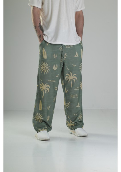Ağaç Desenli Yeşil Baggy Pantolon