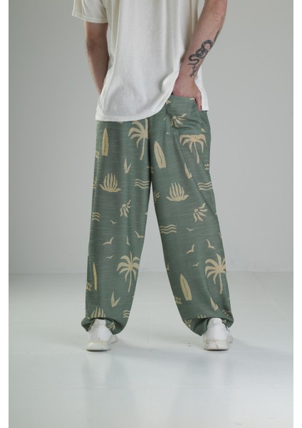 Ağaç Desenli Yeşil Baggy Pantolon