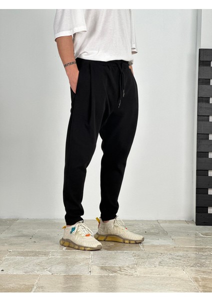 Pileli Siyah Havuç Kesim Pantolon - Kumaş 3 Iplik