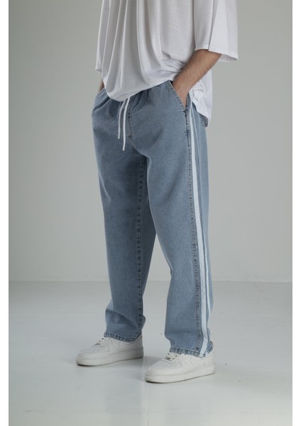 Yanı Şeritli Mavi Baggy Pantolon