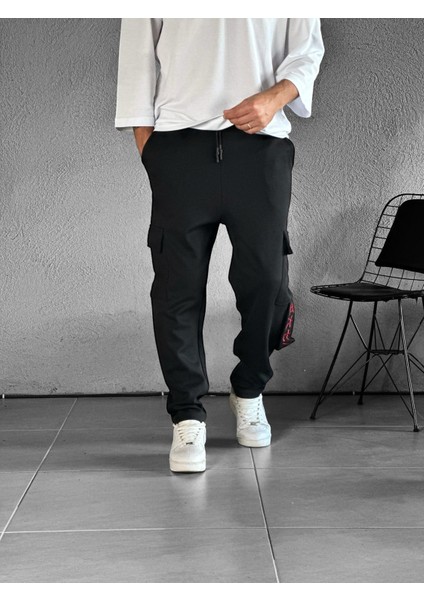 Kargo Cepli Chinese Detaylı Siyah Baggy Pantolon