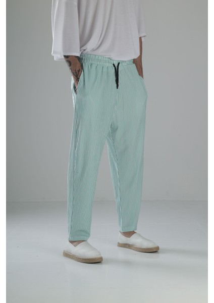 Yeşil Çizgili Bürümcük Kumaş Baget Pantolon modelleri