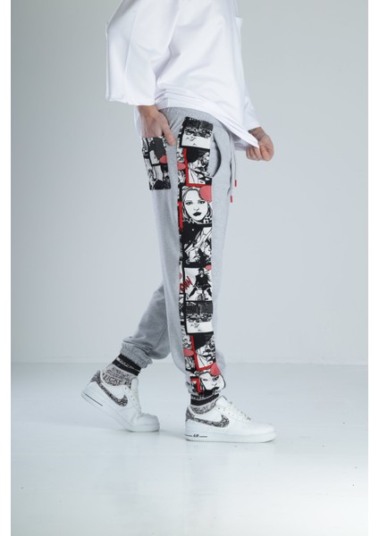 Çizgi Roman Detaylı Gri Jogger Pantolon