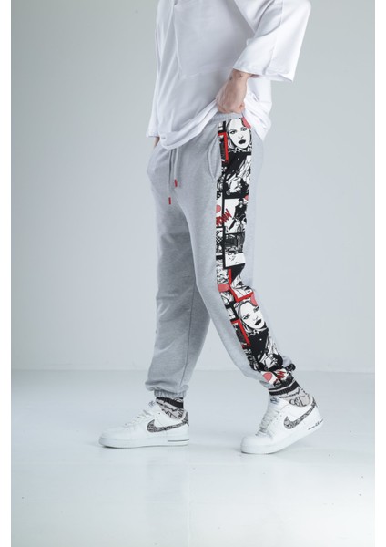 Çizgi Roman Detaylı Gri Jogger Pantolon