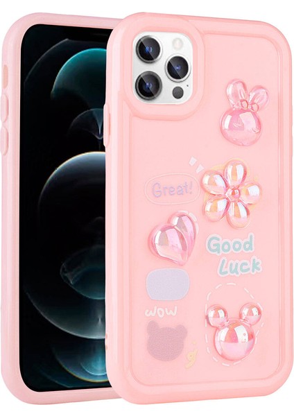 Apple iPhone 12 Pro Max Kılıf Kabartma Figürlü Parlak Tkdr Toys Silikon Kapak-Pembe