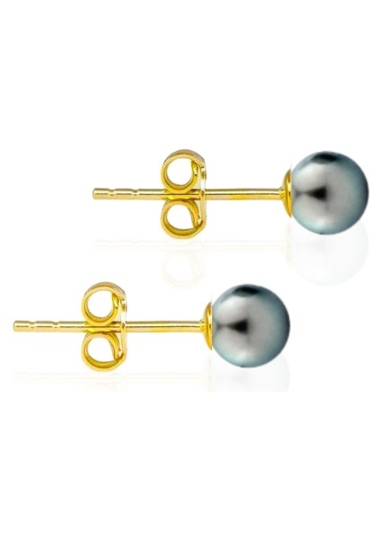 925 Ayar Gümüş Gold Kaplama Tahiti Inci (Siyah Inci) Taşlı Minimal Küpe