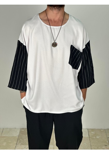 Fakir Kol Viscon Siyah Beyaz Oversize T-Shirt