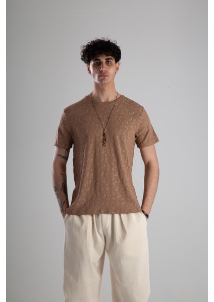 Jakarlı Kahve Örme T-Shirt
