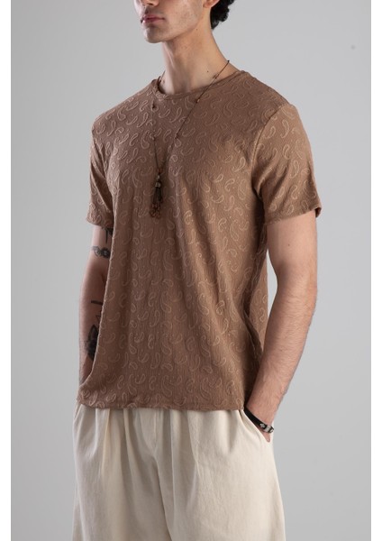 Jakarlı Kahve Örme T-Shirt