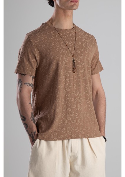 Jakarlı Kahve Örme T-Shirt