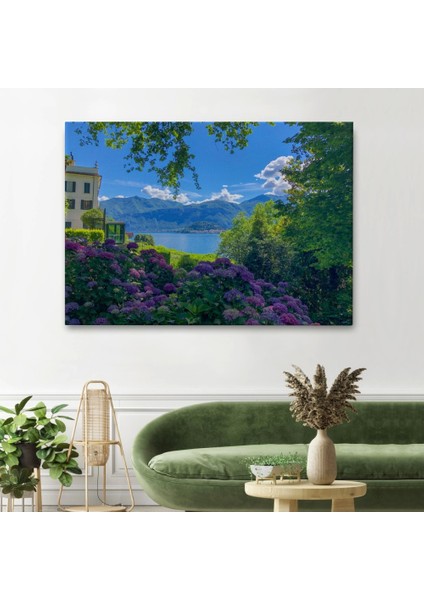 - Mor Çiçekler Arasındaki Göl Manzaralı Ev Duvar TABLOSU-3673
