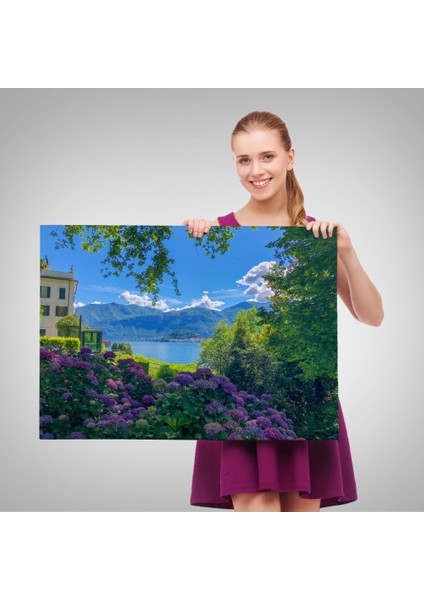 - Mor Çiçekler Arasındaki Göl Manzaralı Ev Duvar TABLOSU-3673 fırsatları