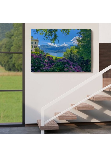 - Mor Çiçekler Arasındaki Göl Manzaralı Ev Duvar TABLOSU-3673 indirimleri