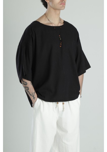 Müslin Kumaş Fakir Kol Siyah T-Shirt