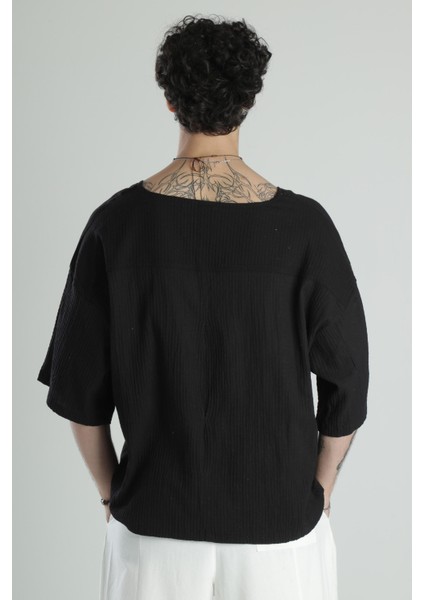 Müslin Kumaş Fakir Kol Siyah T-Shirt