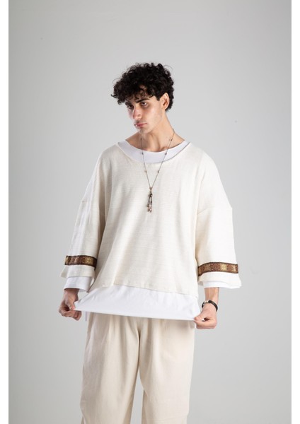 Kendinen T-Shirt Fakir Kol Ekru Örme Triko