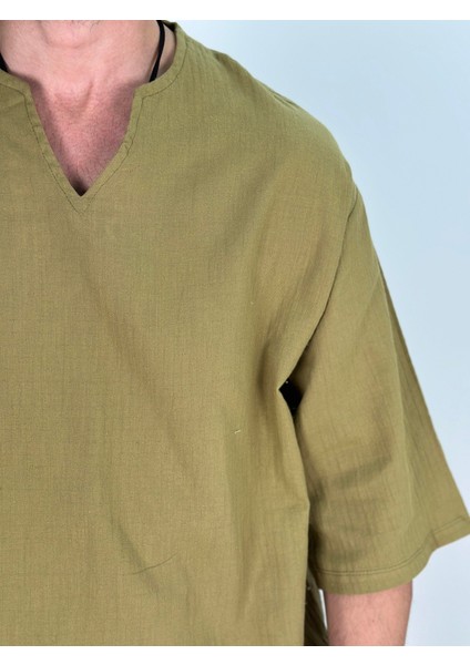 Müslin Kumaş Fakir Kol Zeytin Yeşili T-Shirt fırsatları
