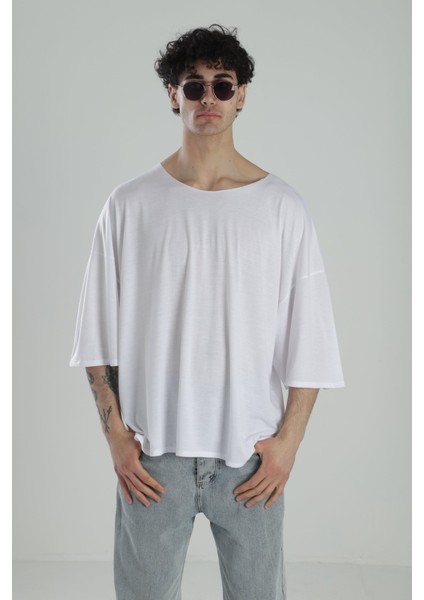 Fakir Kol Beyaz Oversize Viscon T-Shirt