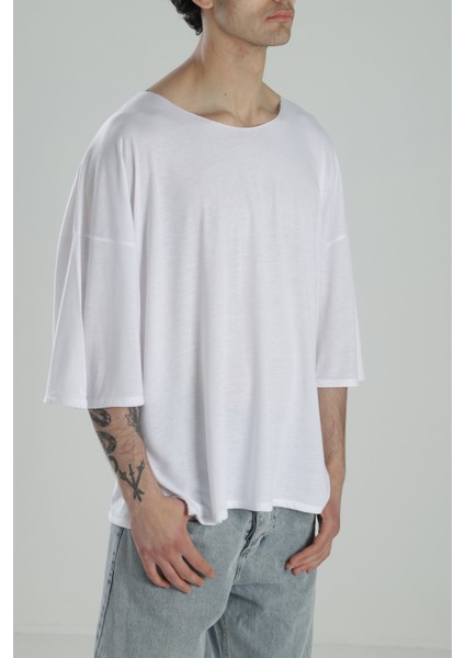 Fakir Kol Beyaz Oversize Viscon T-Shirt modelleri