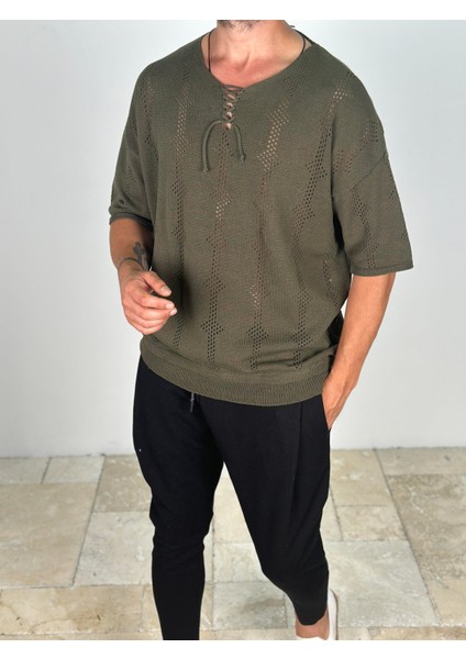 Lazer Kesim Örme Haki T-Shirt modelleri