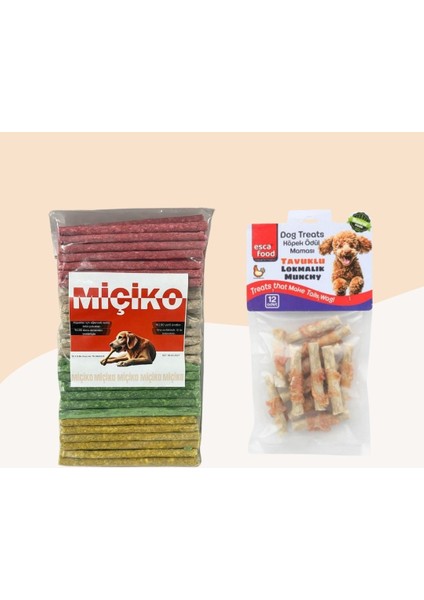 100LÜ Renkli Munchy Köpek Ödülü + Tavuklu Lokmalık Munchy 6cm 12LI