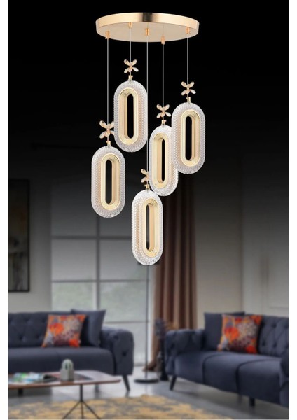 Alfa LED 5'li Gold 3 Renk Ledli Kristal Taşlı Modern LED Avize