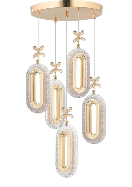 Alfa LED 5'li Gold 3 Renk Ledli Kristal Taşlı Modern LED Avize