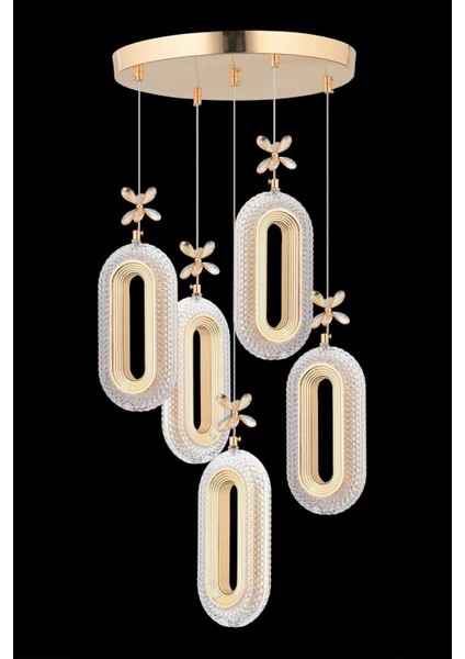 Alfa LED 5'li Gold 3 Renk Ledli Kristal Taşlı Modern LED Avize