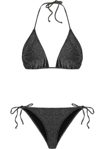 Siyah Lureks Büzgülü Üçgen Bikini Takım