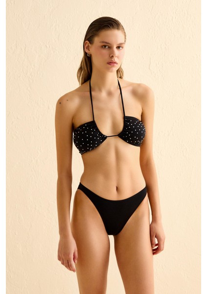 Parlak Taşlı Gipeli Siyah Halter Bikini Takım