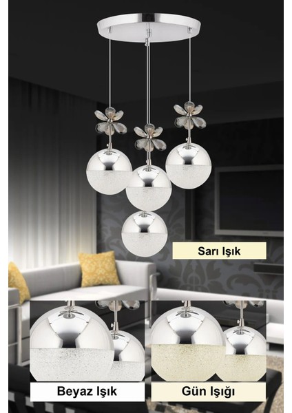 Kelebek 4'lü Gümüş Sarkıt 3 Renk Kademeli Ledli Kristal Taşlı Modern LED Avize