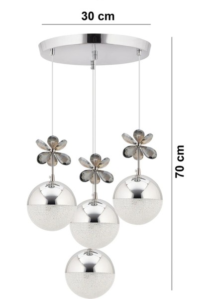 Kelebek 4'lü Gümüş Sarkıt 3 Renk Kademeli Ledli Kristal Taşlı Modern LED Avize