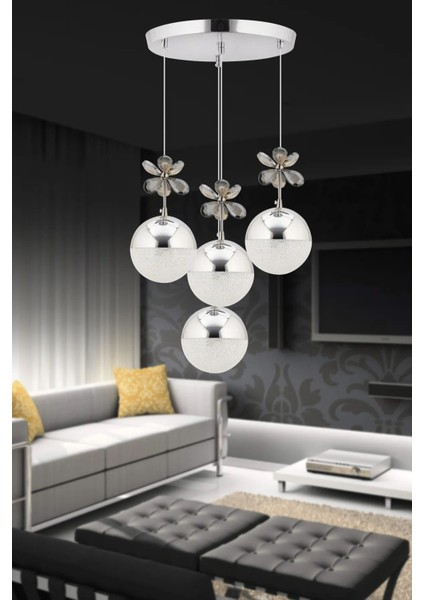 Kelebek 4'lü Gümüş Sarkıt 3 Renk Kademeli Ledli Kristal Taşlı Modern LED Avize