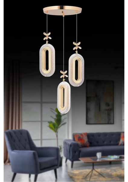 LED Alfa 3'li Gold 3 Renk Ledli Kristal Taşlı Modern LED Avize