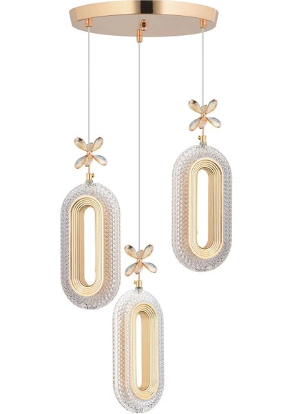 LED Alfa 3'li Gold 3 Renk Ledli Kristal Taşlı Modern LED Avize
