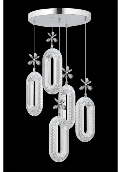 LED Alfa 5'li Gümüş 3 Renk Ledli Kristal Taşlı Modern LED Avize