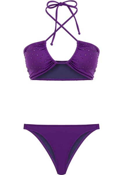Parlak Taşlı Gipeli Mor Halter Bikini Takım