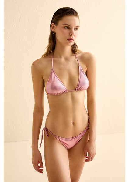 Pembe Parlak Dokulu Büzgülü Üçgen Bikini Takım modelleri
