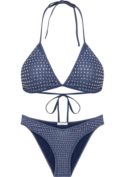 Renkli Simli Triko Üçgen Bikini Takım