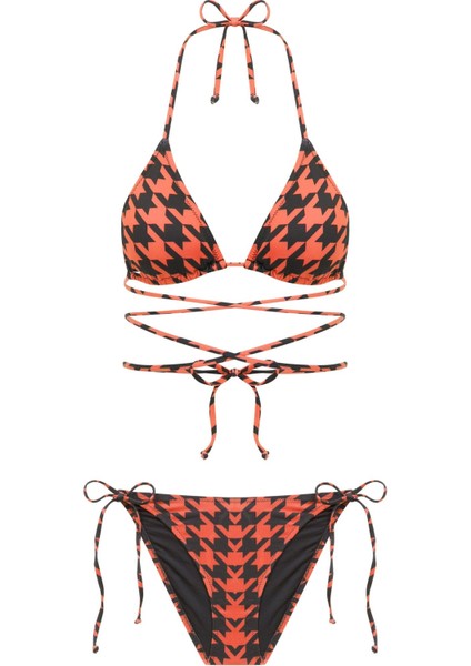Kazayağı Desen Turuncu Üçgen Bikini Takım