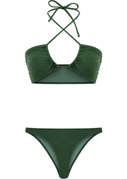 Parlak Taşlı Gipeli Yeşil Halter Bikini Takım