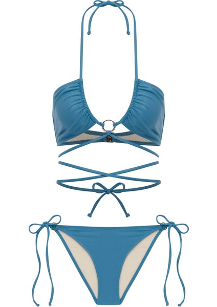 Aksesuarlı Bağlamalı Halter Yaka Parlak Petrol Bikini Takım